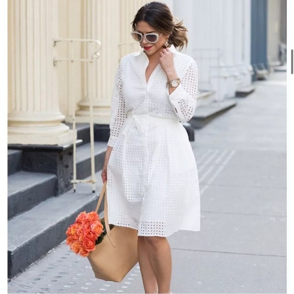 Who What Wear White A-Line V-Neck Dress Eyelet Size Large Pockets Belted Chic - Picture 1 of 13